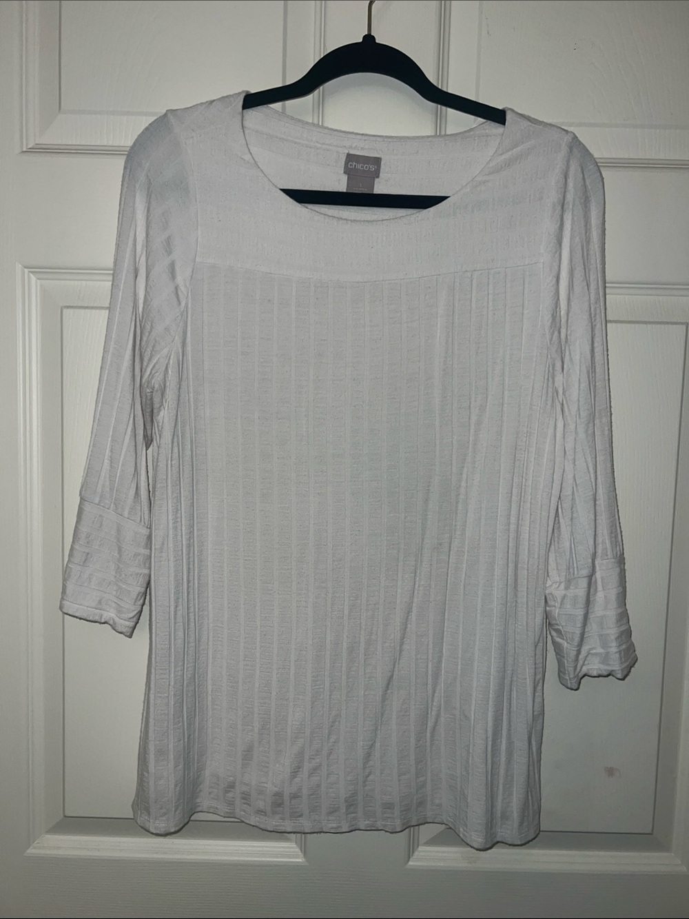 Chico's White Ribbed Scoop-Neck Three-Quarter Sleeve Top